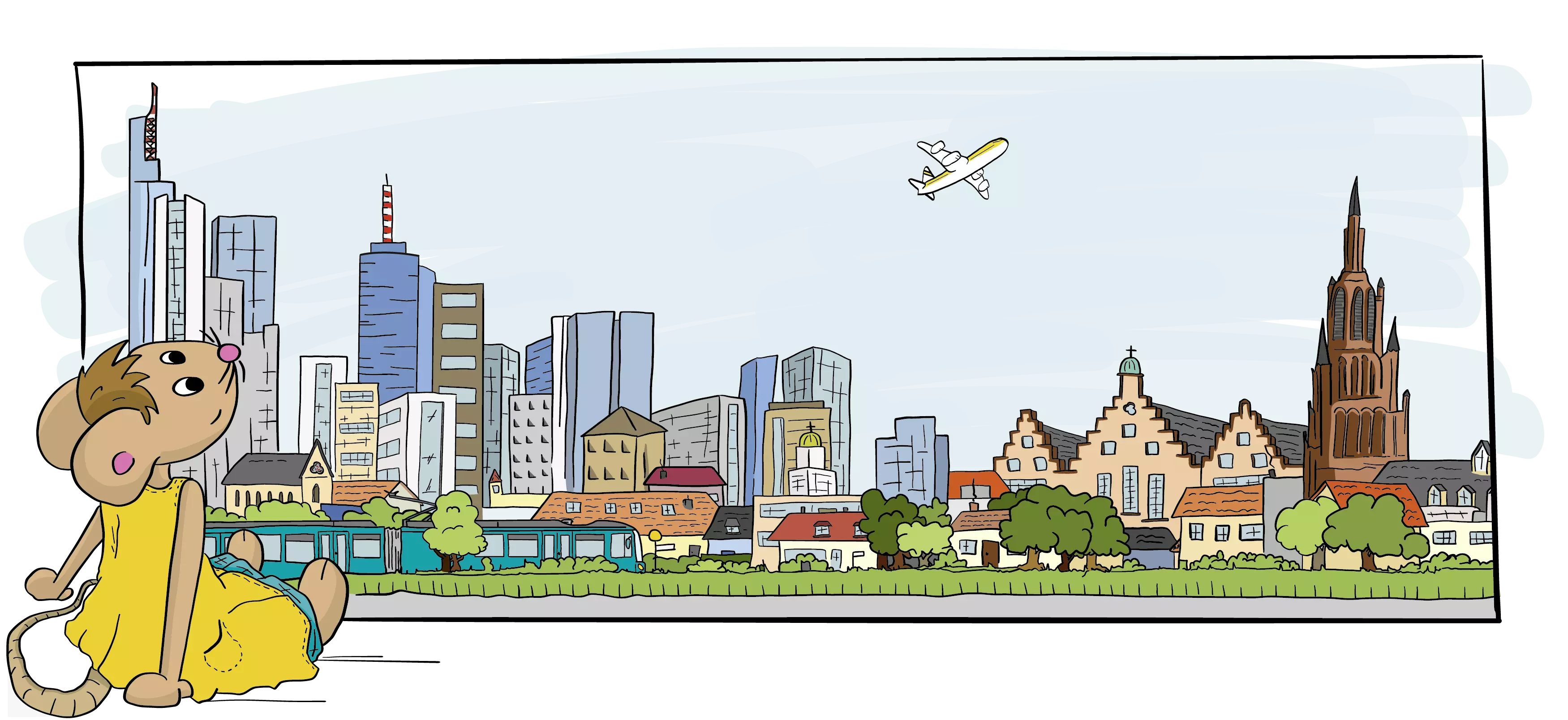 Zeichentrickbild mit einer Maus und der Stadt Frankfurt am Main