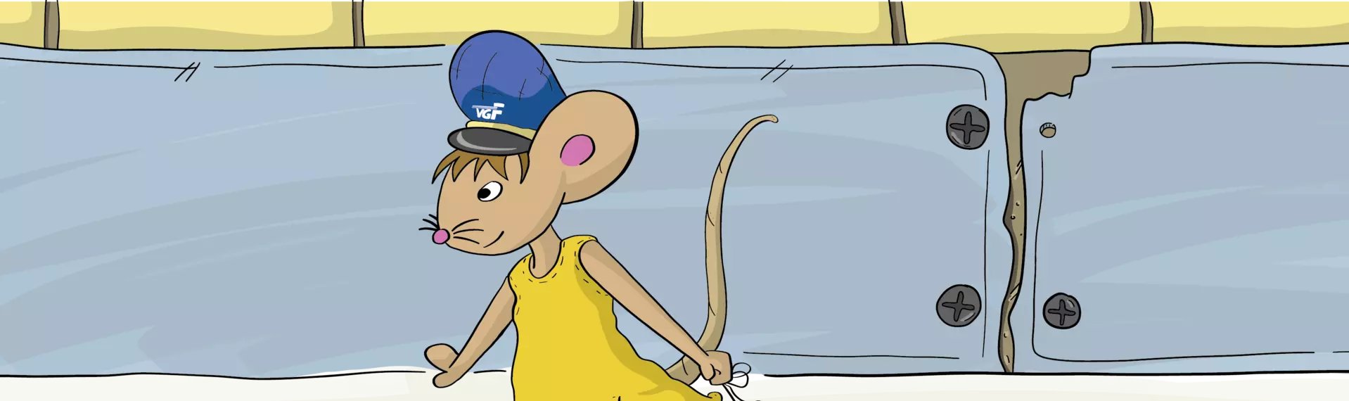 Zeichentrickgrafik mit Lisa der Maus, die ein VGF-Spielzeug mit sich zieht zum Spielen