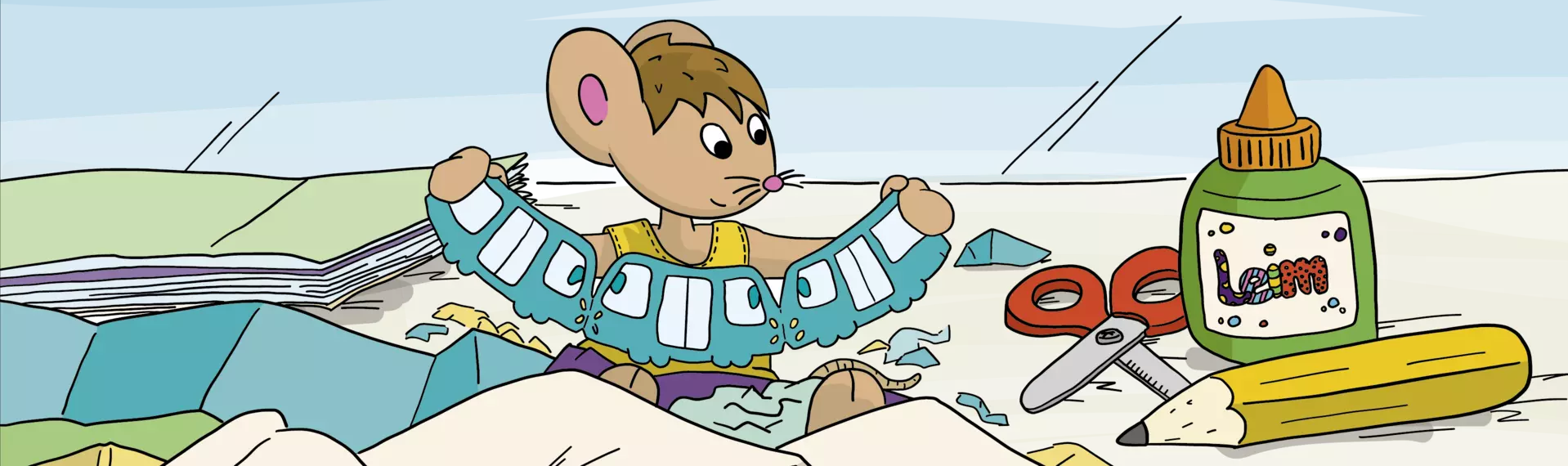 Zeichentrickgrafik mit Lisa der Maus, die eine VGF-Girlande bastelt