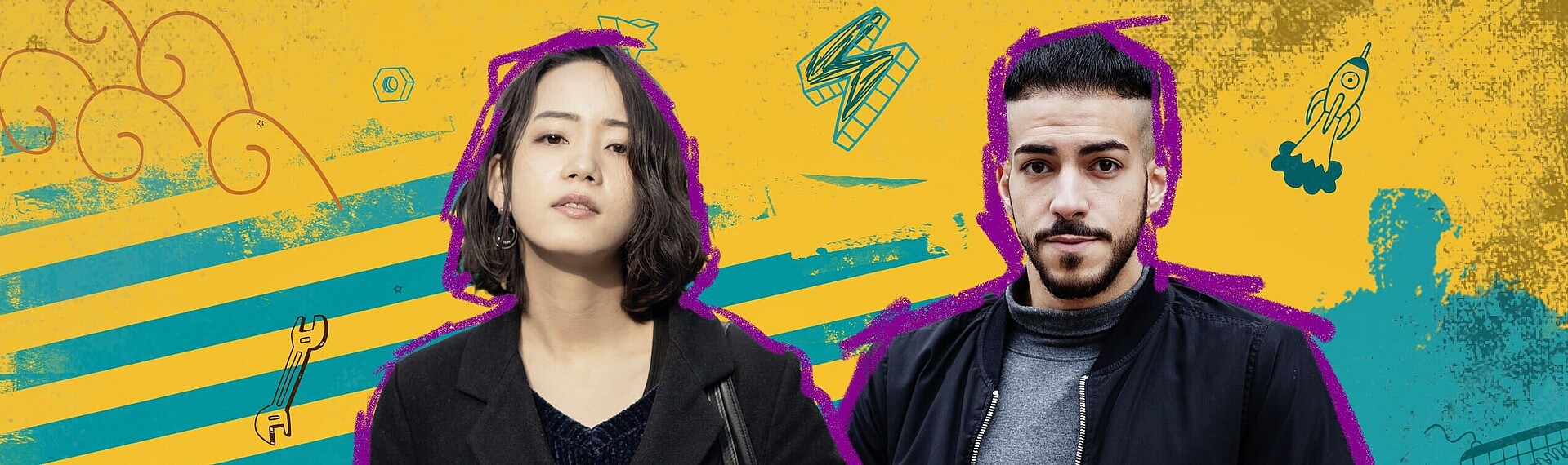 Eine junge Frau und ein junger Mann vor einem modern gestalteten Hintergrund in VGF-Farben.