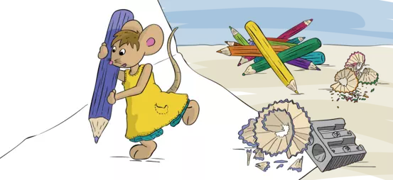 Zeichentrickgrafik mit Lisa der Maus, die einen großen angespitzen Bleistift in der Hand hält zum Zeichnen