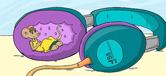 Die Grafik zeigt Lisa liegend in einer übergroßen Kopfhörermuschel