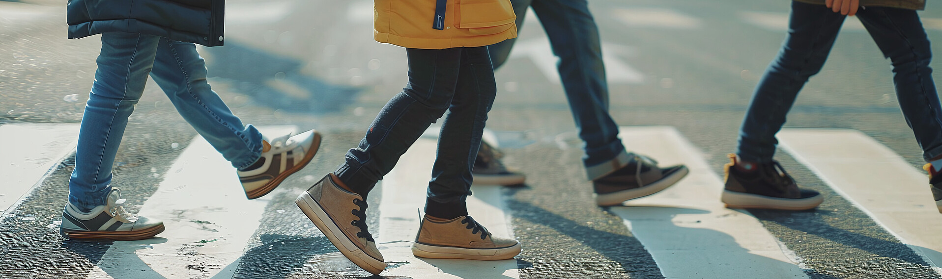 Das Bild zeigt die Beine von Kindern beim Passieren eines Fußgängerüberweges (Zebrastreifen).